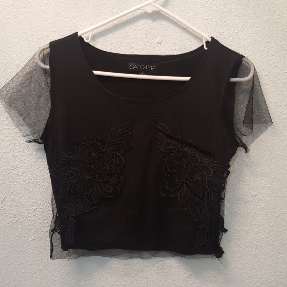 Embroided Black Rose Mesh Top